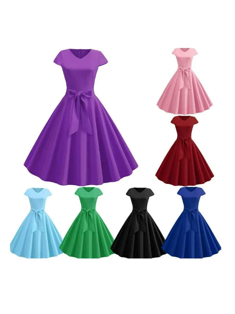 Hepburn Style 50s Vintage couleur unie nœud papillon taille cintrée robe trapèze femmes été à manches courtes élégant robes trapèze