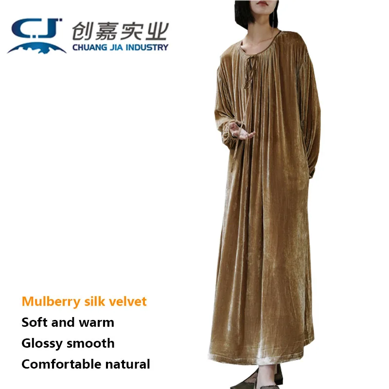 

Mulberry Silk Velvet Female Spring Autumn Long-sleeved Crew Neck Long-style Dress pleated loose soft glossy comfortable clothing