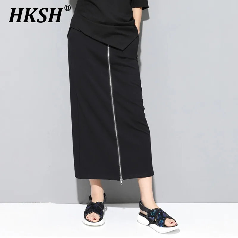 

HKSH Summer New Women Tide Dark Elegant Fashion Elastic Waist Zipper Chiffon Skirts Wide Leg Fake Two-piece Casual Pants HK5166