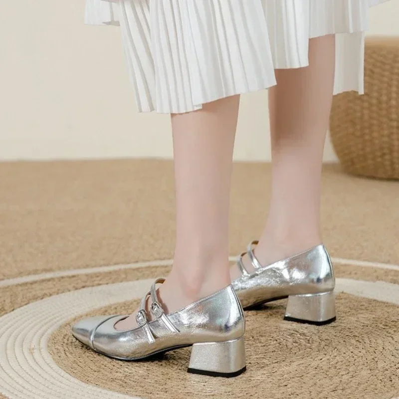 Women's Fashion Mary Janes Shoes Autumn Sliver Leather Buckle Mid-heels Dress Shoes Women Square Toe Shallow Chunky Heels Shoes image 5