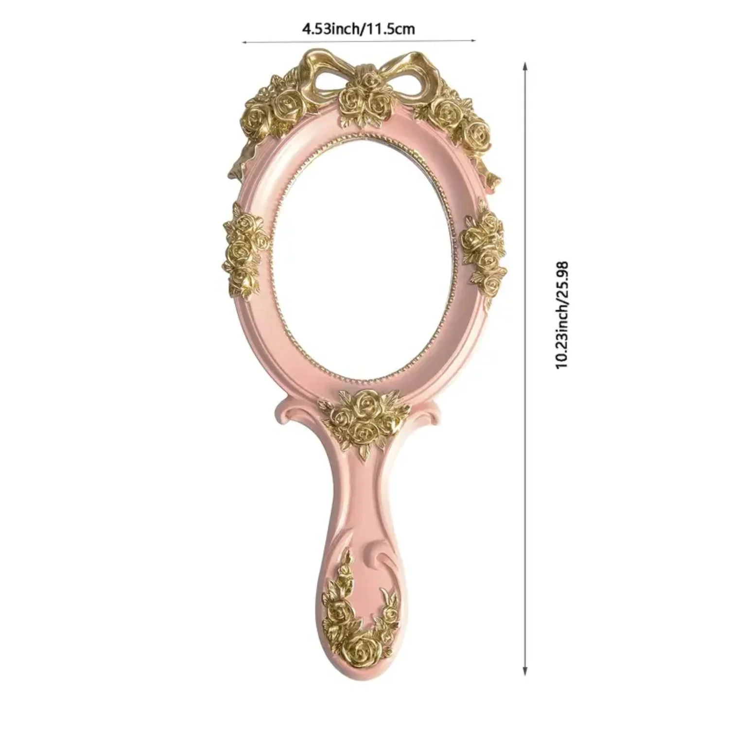 Handheld Oval Vanity Makeup Mirror - Portable Travel Princess Metal Cosmetic Mirror with Embossed Rose Design - Decorative Desk 