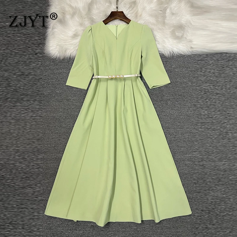 ZJYT Fashion Spring Womens Dresses 2025 V Neck Three Quarter Sleeve Aline Casual Dress with Belt Female Vestidos Green Black