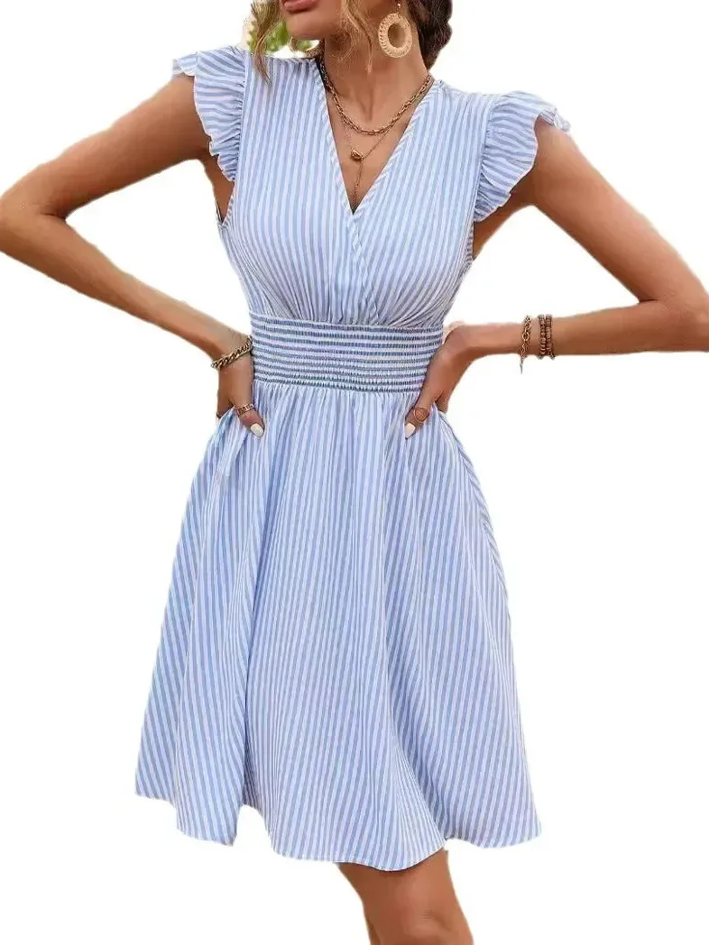 2025 ใหม่ชุดเดรสฤดูร้อนของผู้หญิงลายพิมพ์ลายผีเสื้อแขนแฟชั่นยุโรปสไตล์อเมริกันเสื้อผ้าเสื้อชุด F5XI