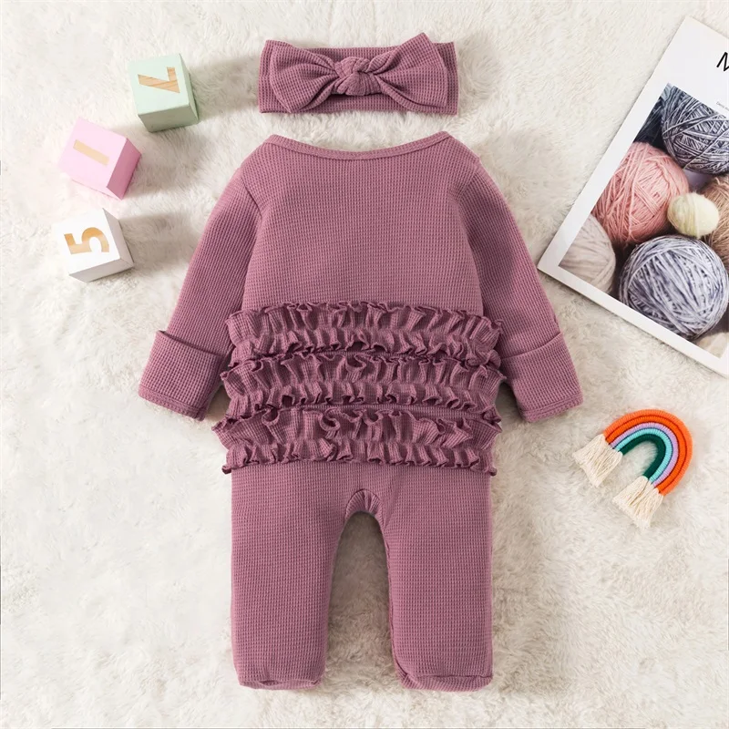 Citgeett Autumn Infant Girl Footies Rompers Solid Color Crew Neck Long Sleeve Jumpsuits Clothes Headband Clothes