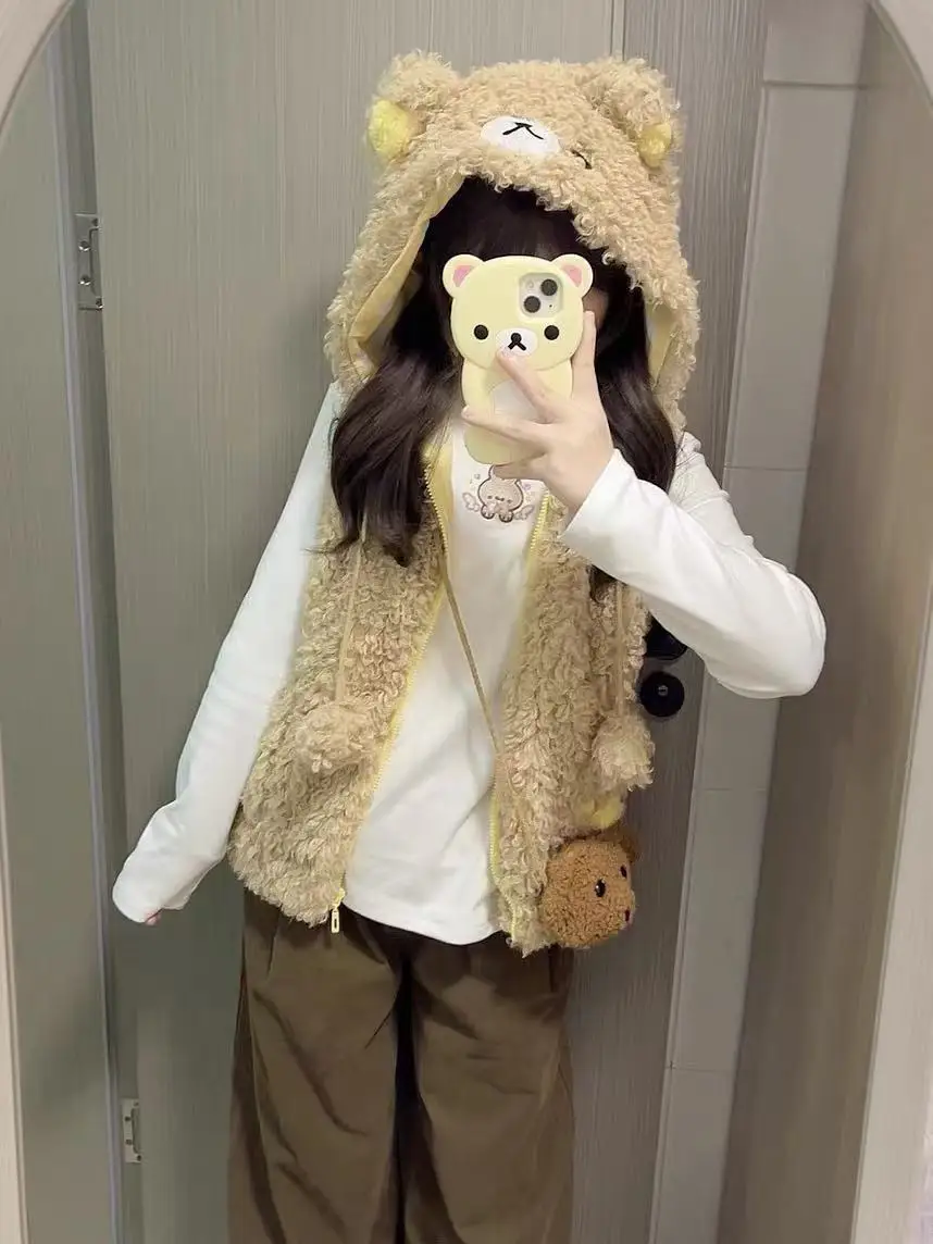 الكرتون Rilakkumas الدب سترة معطف Korilakkuma الدب مقنعين صدرية الفتيات النساء شتاء دافئ أفخم رقيق أكمام ملابس خارجية #4