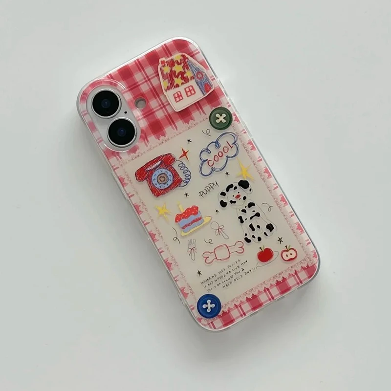 Korean Ins Light Asian Wind Red Plaid Spotted Dog Phone Case For iPhone 17 Air 16 15 14 13 12 11Pro Max Plus Y2k Anti Fall Cover view 2