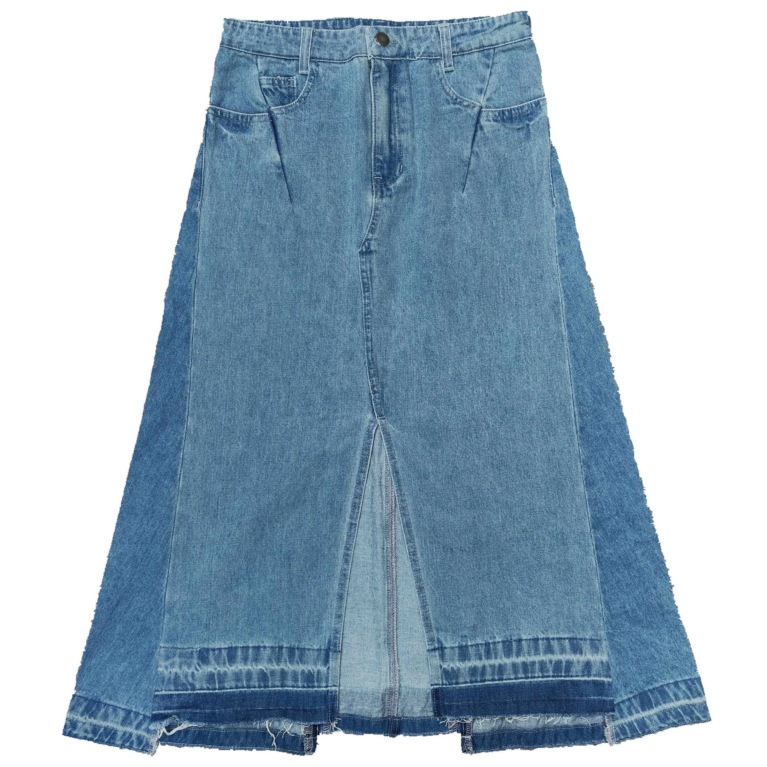 Denim Skirt with A Slim A-line High Waisted Ruffled Hem Front Split Retro Contrast Color Skirt Patch