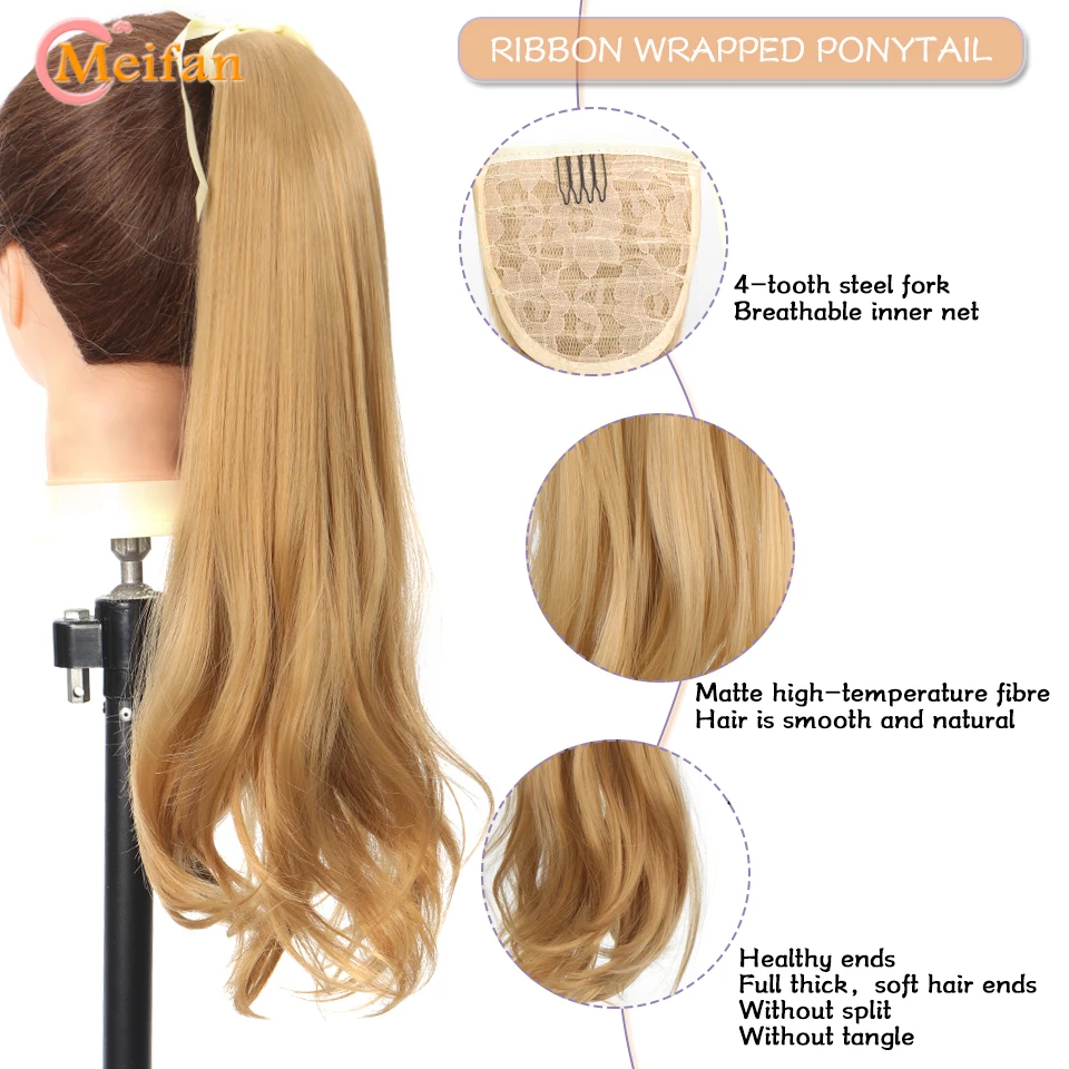 MEIFAN Synthetic Long Straight Ribbon Wrap Pontail Extension for Women Natural Fake Pigtail Hairpiece Clip In Hairtail Extension