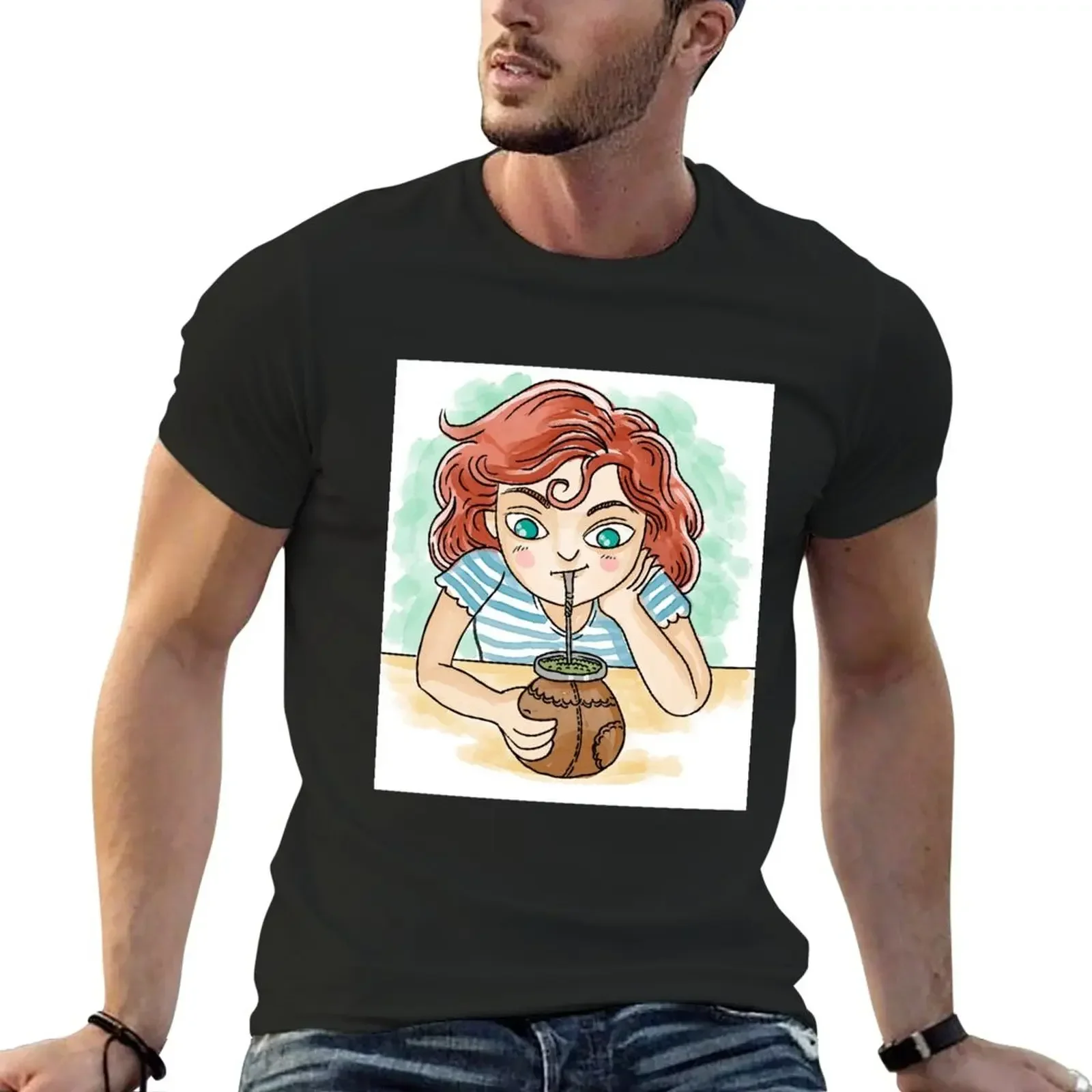 girl drinking yerba mate hot infusion T-Shirt anime clothes Blouse customs design your own mens t shirts