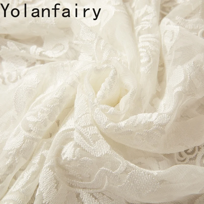 YOLANFAIRY 100% Mulberry Silk Summer Blouse Woman Elegant Embroidery White Top Sun-protective Pullovers Lantern Sleeve Blouses