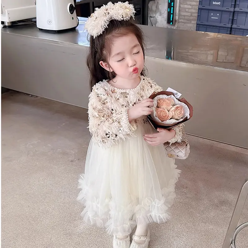 Winter New Girl\'s Dresses 2024 With Tassels Sequins Studded Beads Plush And Thickened Princess Dress Birthday Dress With Bow