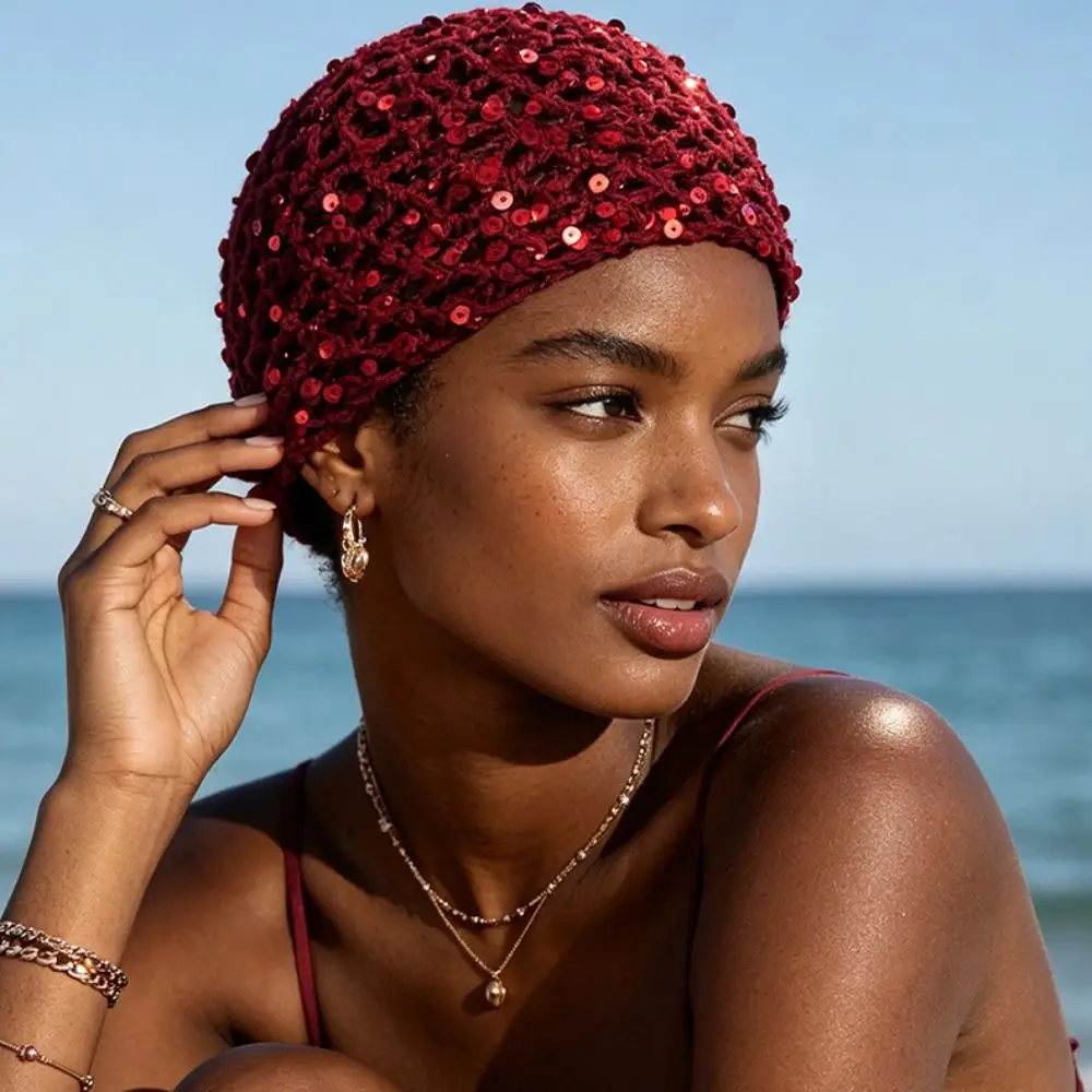 Retro Elegant Sequined Beanie Crochet Bohemian Style Weave Cap Hollowed Out Thin Woven Pullover Cap Pullover Hat