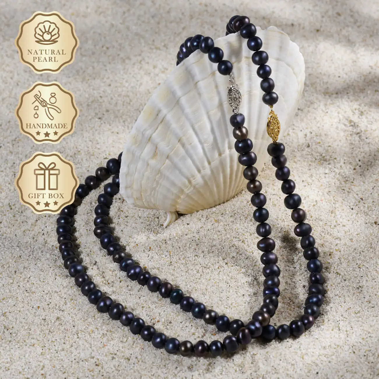 

MYSOYA Natural Black Freshwater Pearl Necklace, 6–7mm Pearls with Gold & Silver Hollow Clasp, Gift Box, Birthday Gift