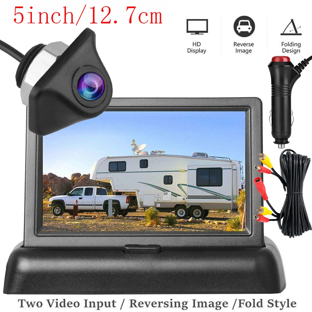 

Foldable Car Monitor 5 Inch TFT LCD Screen HD Parking Monitor 2-channel Video Input Night Vision with Backup Camera