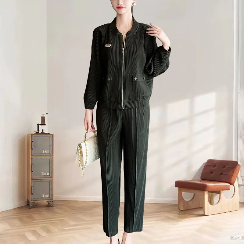 

Miyake Pleated Pants Set Fall New Fashion Collar Women Pleated Cardigan Zipper Top Straight Small Leg Pants Two-piece Set