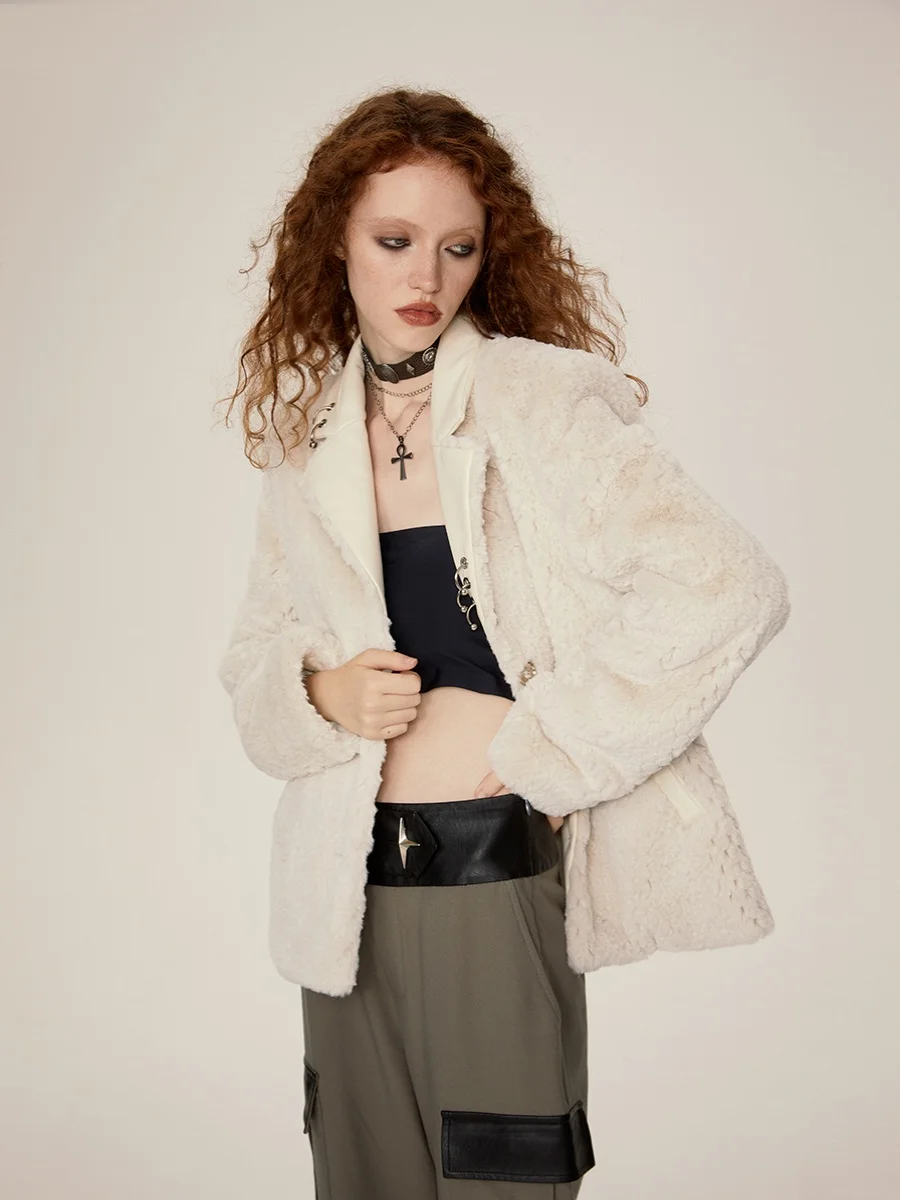 高品質フェイクラビットファー ジャケット 冬の新作 パッチワーク 暖かいアウター ルーズフィット 快適なレディースファッションコート