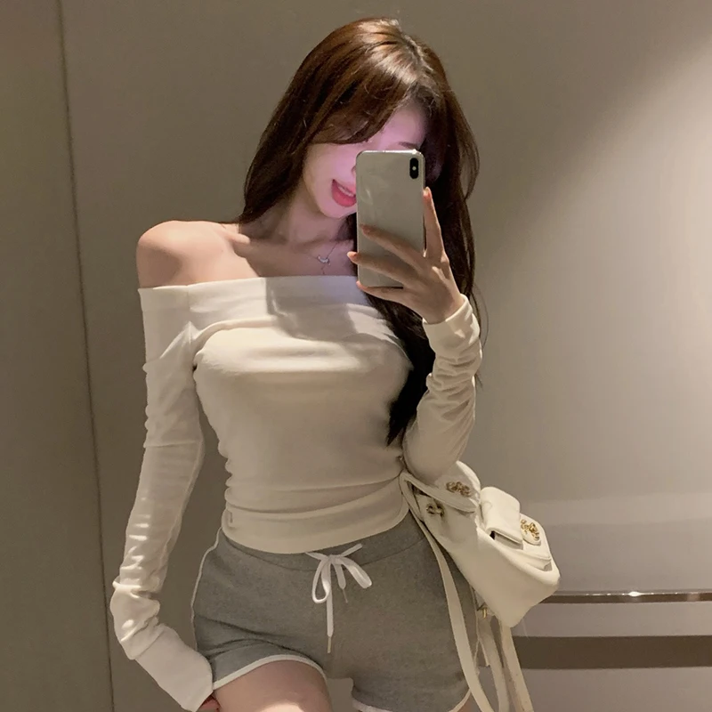 Autumn Women Solid Color Off Shoulder Long Sleeve T-shirt Hottie Sexy Slim Crop Top