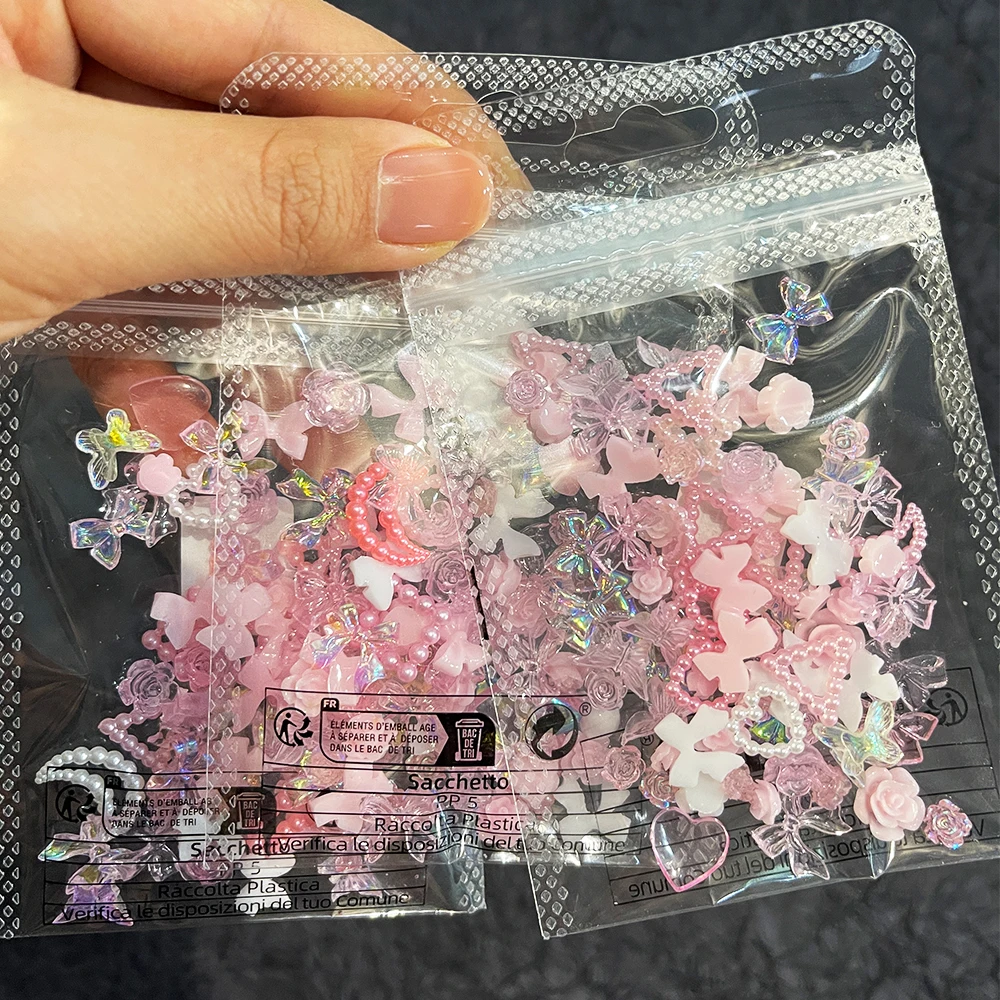 50Pcs Pearl Pink Bowknot Heart Shaped Rhinestones Mixed Nail Decorations Kawaii Flowers Butterfly Charms DIY Nail Accessories