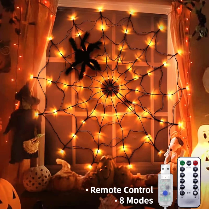 Spider Web Lights Halloween Spider Net LED String Lights with 8 Lamp Mode for Haunted House Halloween Home Window Wall Decor