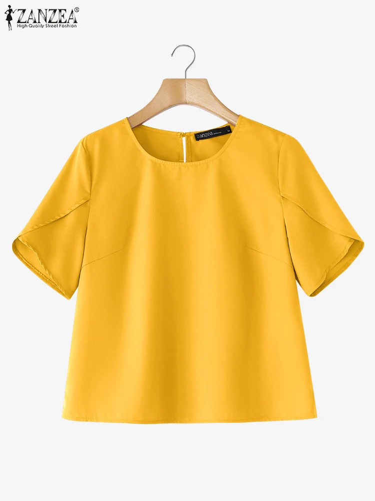 

ZANZEA Women Short Sleeve Blouse Casual Solid Color Tops 2025 Summer O-neck Elegant Blusas Oversized Fashion Tunic S-3XL