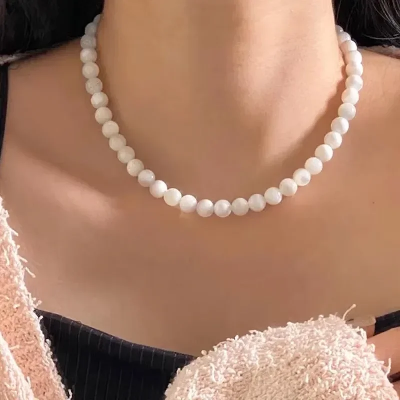 Minar Elegant 4 6 8mm Clear White Color Round Natural Shell Beaded Necklace for Women Silver Plated Chain Beads Strand Chokers