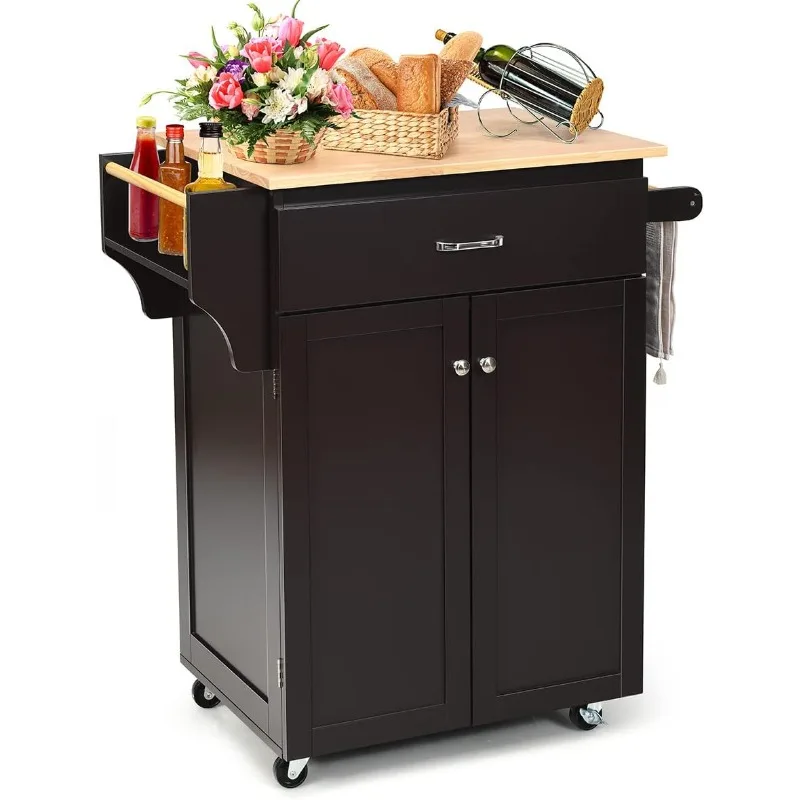 Kitchen Cart with Solid Top, Kitchen Trolley Cart with Drawer, Cabinet, Adjustable Shelf, Spice Rack, Towel Handle