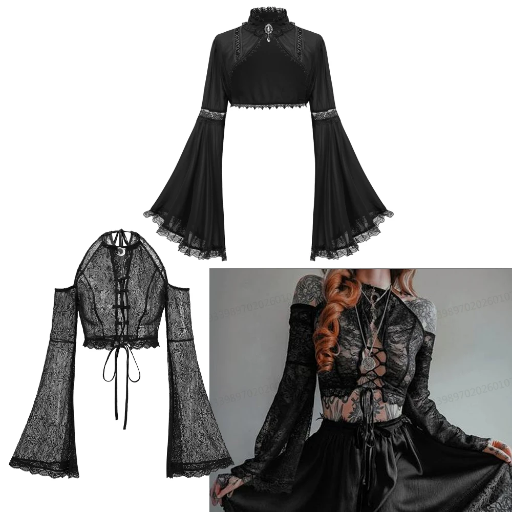 

Готические женские топы с плечами, черная кружевная отделка с цветочным принтом, плетеные расклешенные рукава, воротник-стойка/топ с открытыми плечами