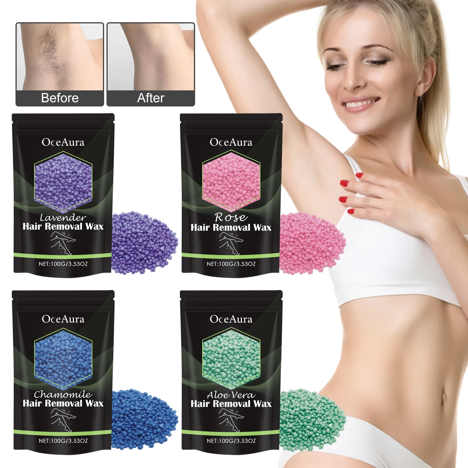 OceAura 100g Hair Removal Wax Beans Armpits Legs Whole Body Quick Hair Removal Gentle and Non Irritating Dry and Smooth Skin