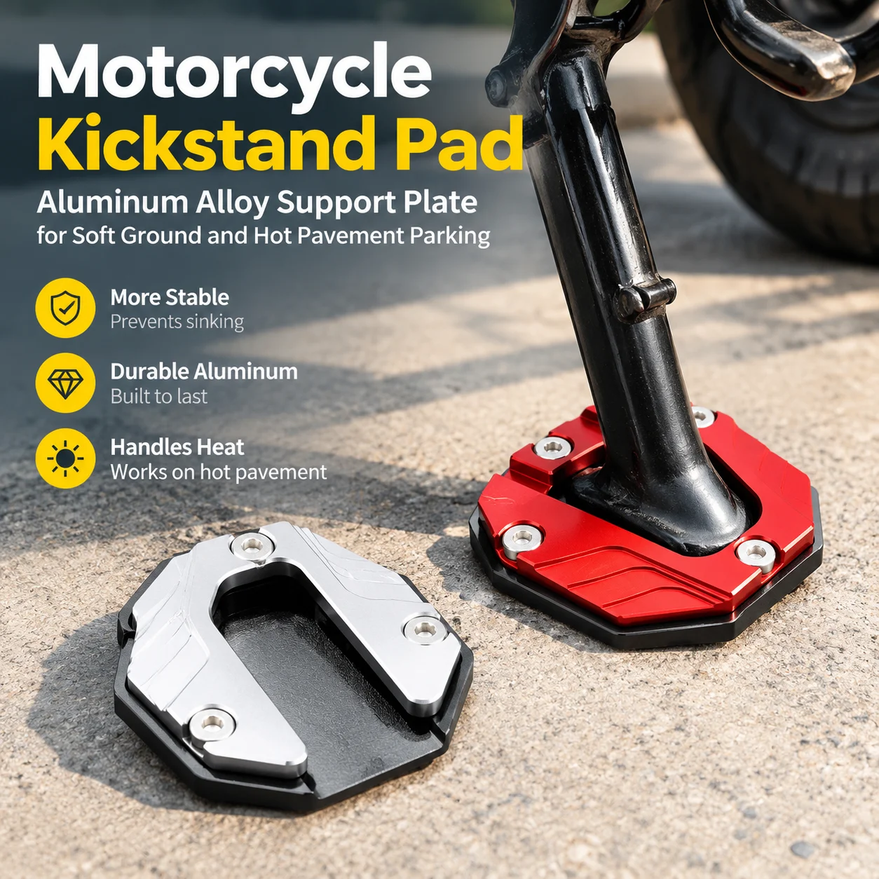 Motorcycle Kickstand Pad Aluminum Alloy Support Plate for Soft Ground and Hot Pavement Parking