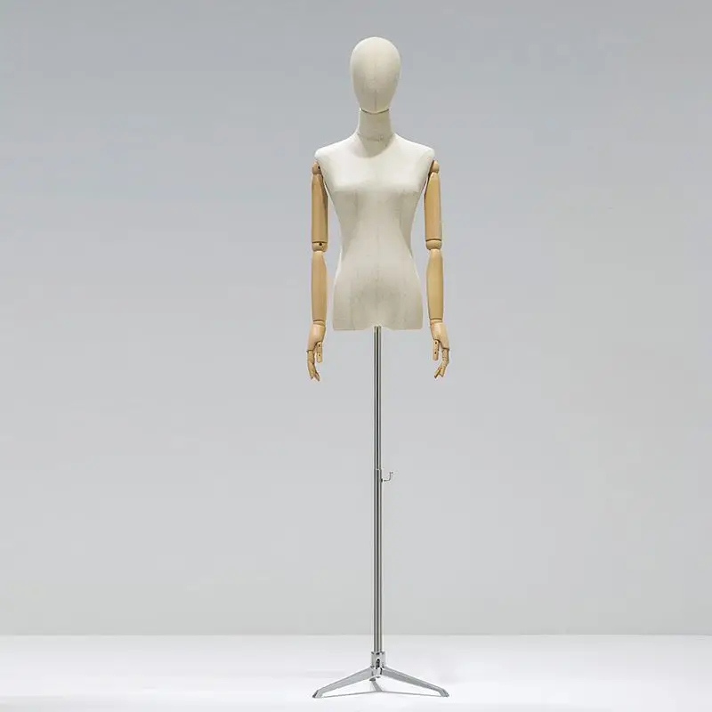 Stoffen hoes Vrouwelijke half-body mannequin Houten arm Metalen basis voor bruiloft Kleding Display Jurk Vorm Verstelbaar rek