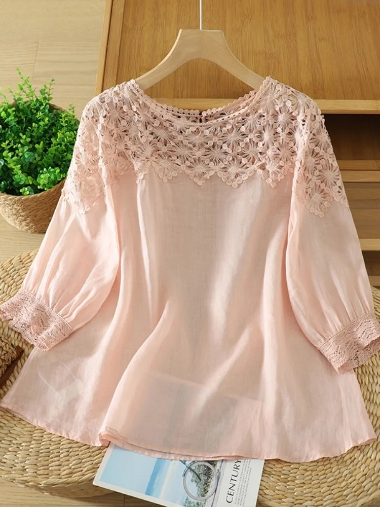 Lace Splicing Heavy Embroidery Linen  Color Shirt Women Summer Fashionable Youthful Lantern Sleeve Top Elegant Casual Style