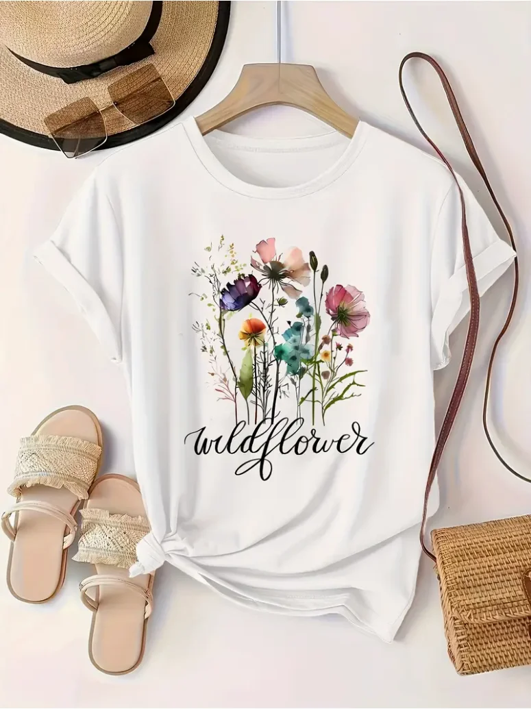 Floral Printed Round Neck T-Shirt, Spring And Summer Casual Short Sleeved T-Shirt, Women'S Clothing