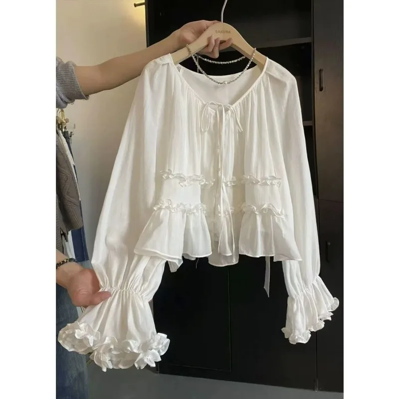 

Women's White Ruffled Blouse V-Neck with Tie Front Flared Bell Sleeves