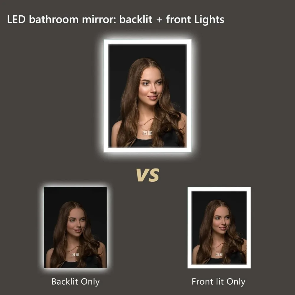 24 x 30 Zoll AprilSoul LED-Badezimmer-Kosmetikspiegel mit zwei Beleuchtung, 3 Farboptionen, Speicherfunktion und Antibeschlag