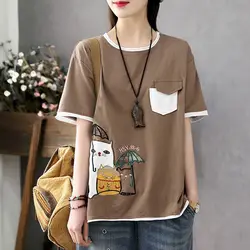 Fashion Cotton T Shirt Women Literary Short-sleeved T-shirt 2024 Summer New Patch Pocket Loose Casual Tops Womens Kawaii Clothes