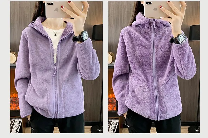 Zip-up Hooded Double-sided Wear Flannel Sweatshirt Women Thick Slim Fleece-lined Jacket Outdoor Sports Y2k Autumn Winter Coat