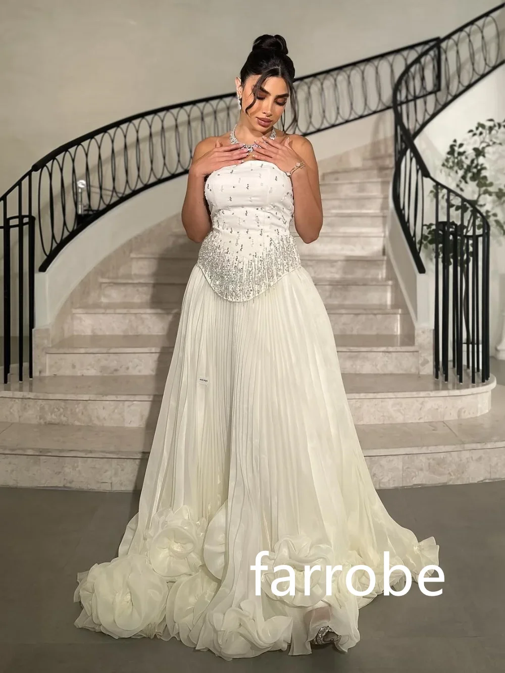 Customized Pastrol Net Pleat Flower Sequined A-line Strapless Long Dresses Bespoke Occasion Dresses Classic Exquisite Modern Sty