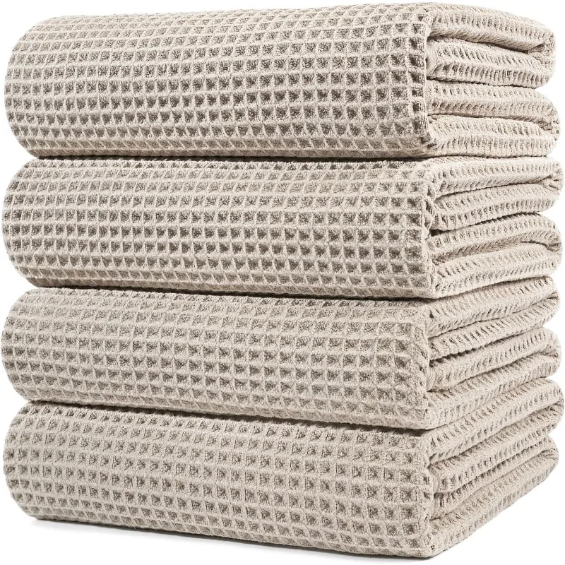 Microfiber Oversize Quick Dry Lint Free Bath Towel, 60 x 30 in, 4 Pack (Beige, Waffle Weave)