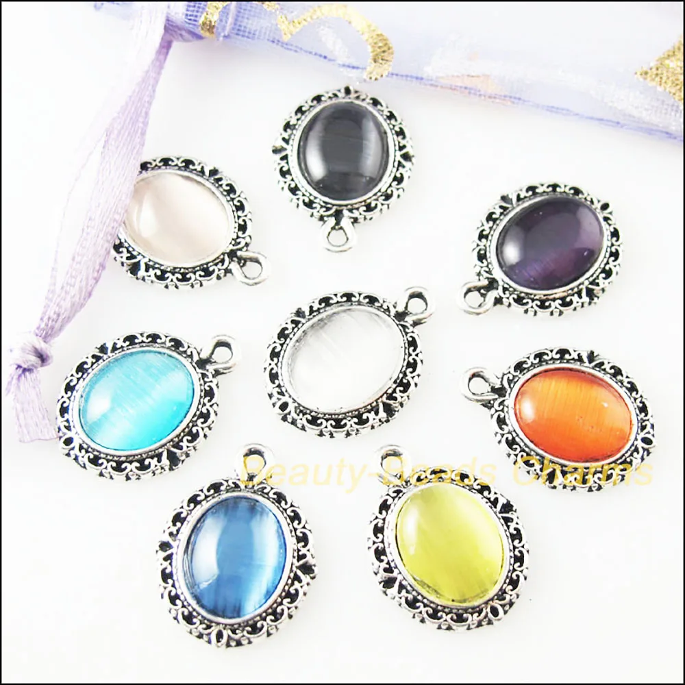 16Pcs Mixed Retro Tibetan Silver Stone Oval Charms Pendants 13.5x18mm