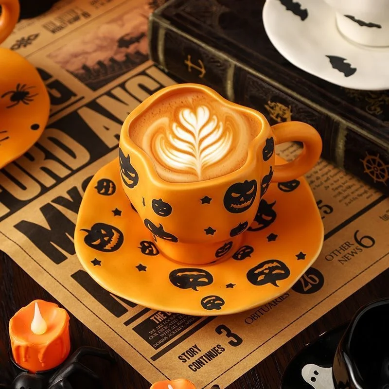 Ceramic Halloween Mug Cup Saucer Set Pumpkin Ghost Spider Coffee Cup Cute Cartoon Tea Cup Home Party Tableware Drinkware Gift