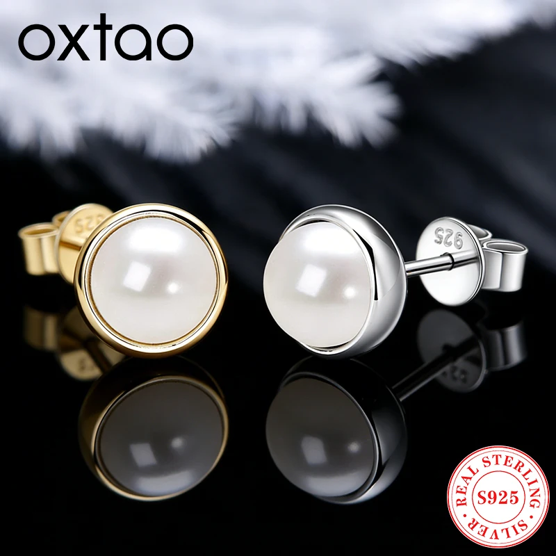 

OXTAO Cute Mini Natural Freshwater Pearl Earrings Bezel Setting for Women 100%925 Sterling Silver Stud Earring Fine Jewelry Gift
