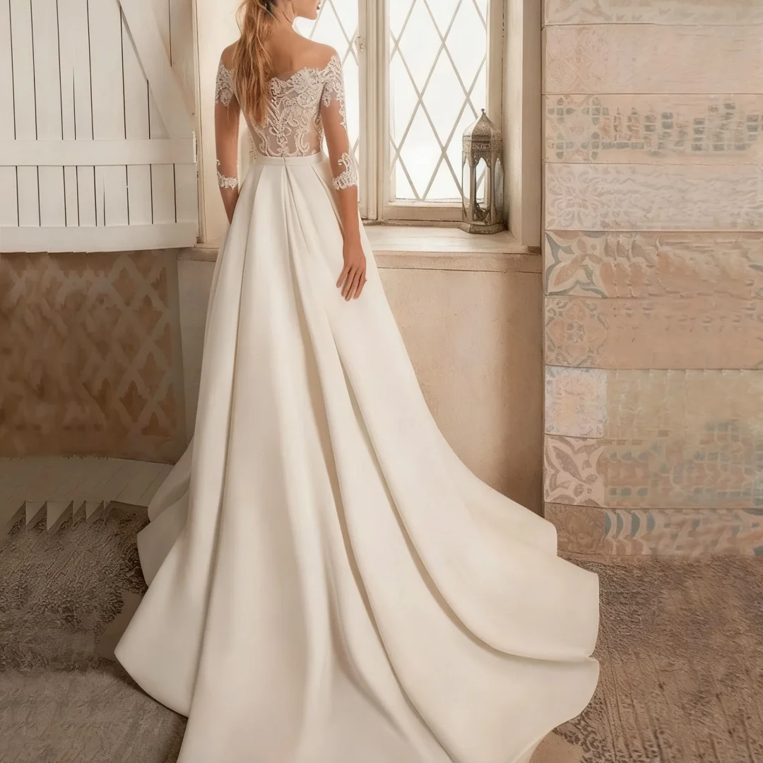 

Customized Luxury A-Line Satin Wedding Dresses Off The Shoulder Bridal Gowns Formal Bride Porm Party Gowns