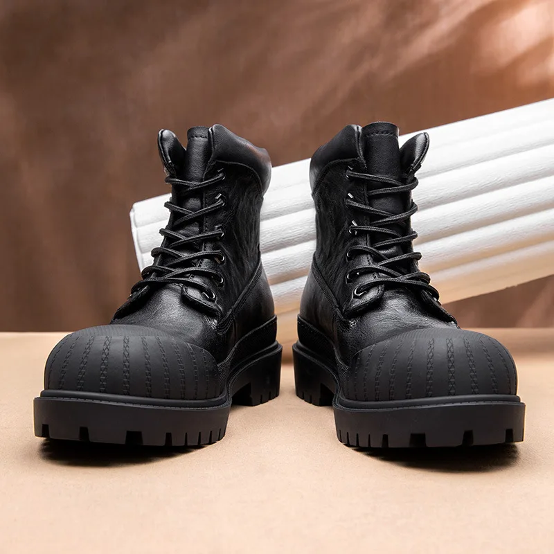 Genuine Leather Men's Boots Fashion Platform High Top Sneakers for Male Outdoor Tooling Work Boots High Quality Men Casual Shoes