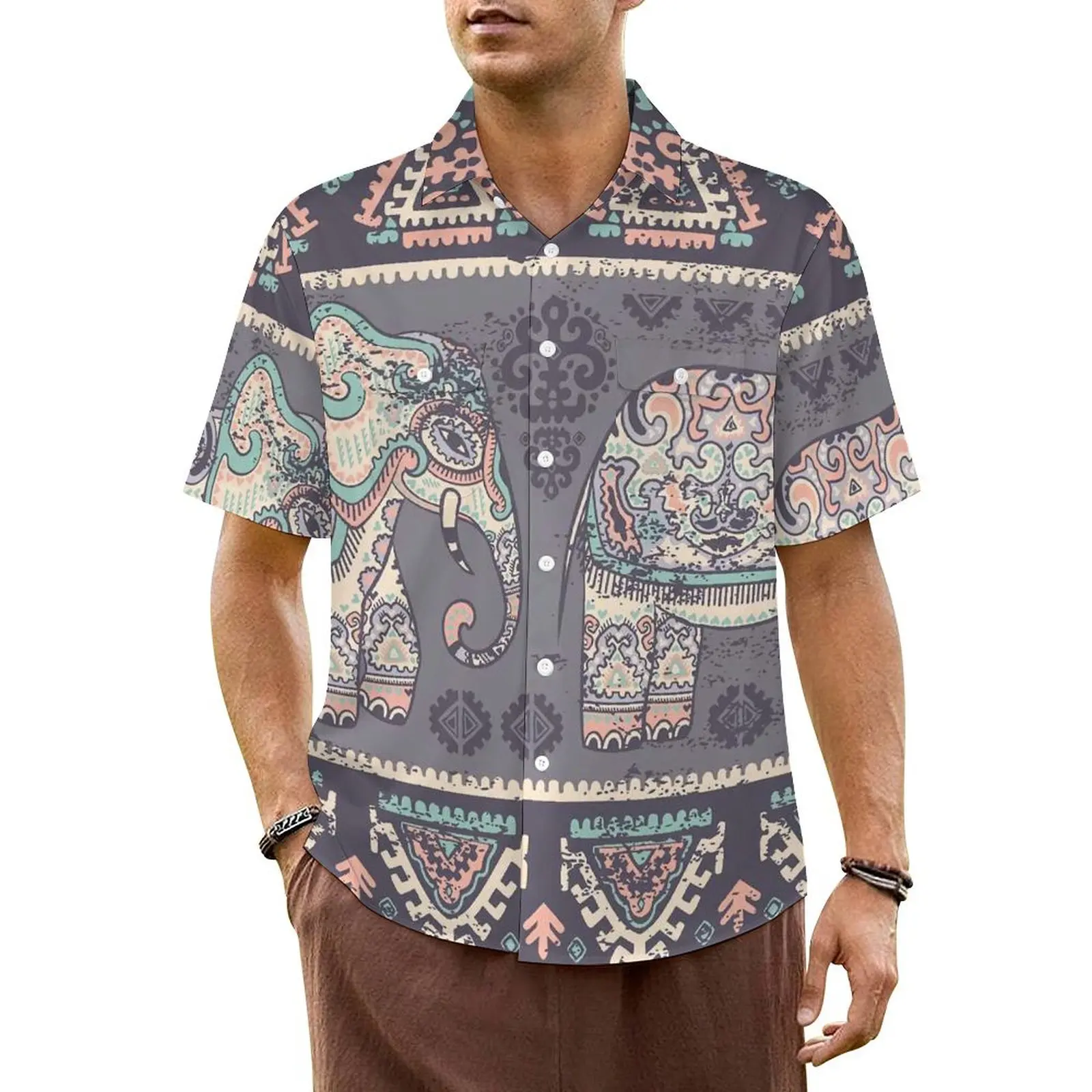 Vintage Elephant Casual Shirt Colorful Print Elegant Hawaii Shirts Male Short-Sleeved Beach Harajuku Graphic Plus Size Blouses