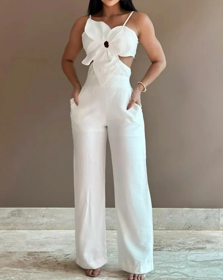 2024 Summer Casual Solid Color Asymmetric Neckline Lace up Details Flower Pattern Plush Cut Out jumpsuit