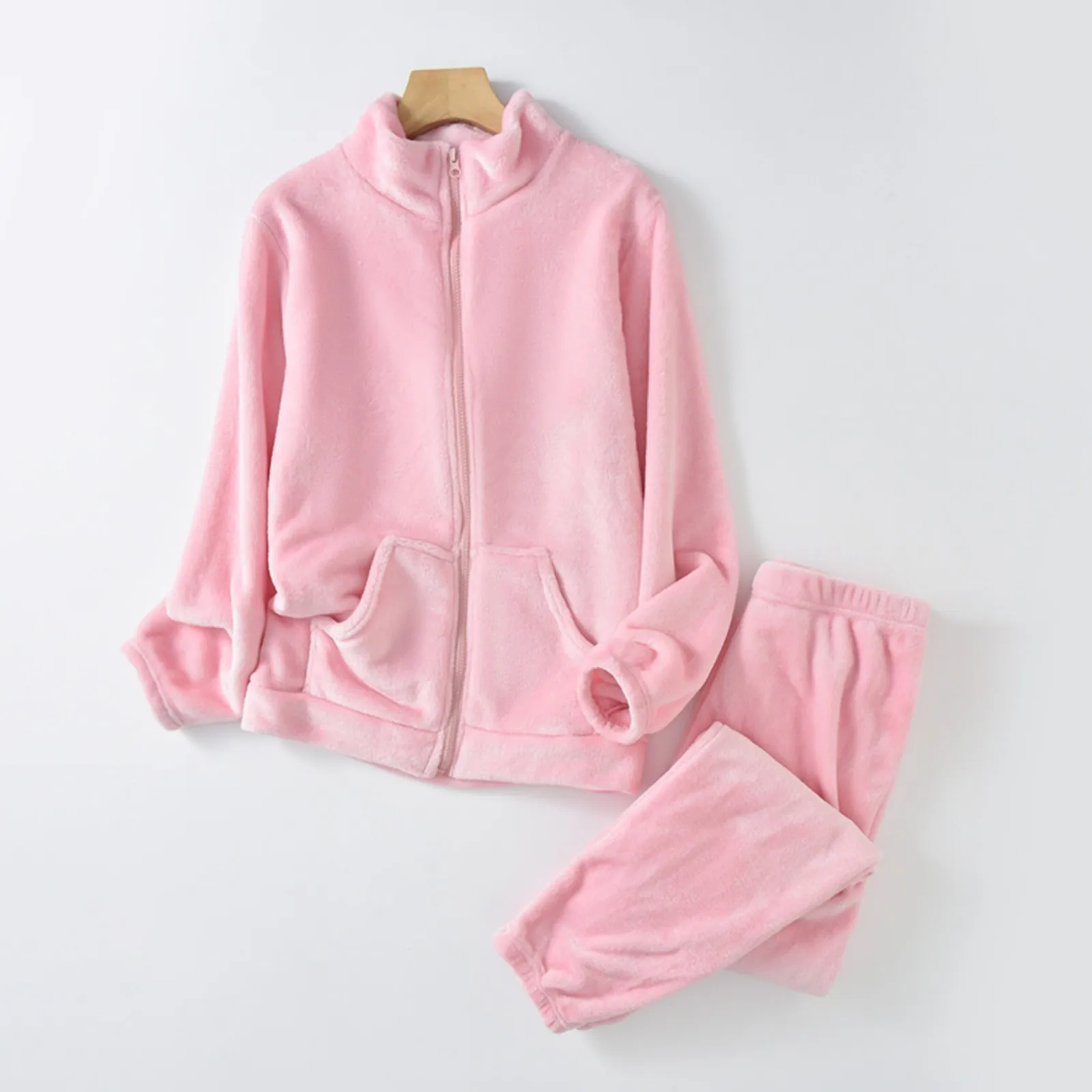 Soft Comfortable Flannel Pajamas For Women Thickened And Warm Coral Velvet Home Clothes Solid Color Zipper Cardigan Sleepwear