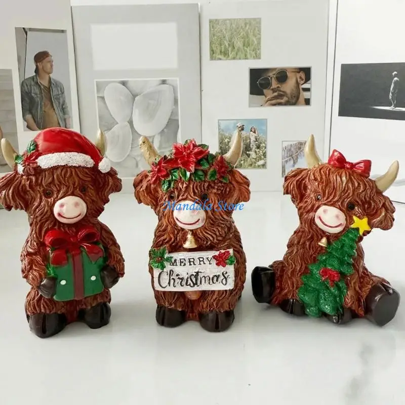 U2JC Realistic Highlands Cow Animal Figurines Resins Animal Statue Ornament for Table