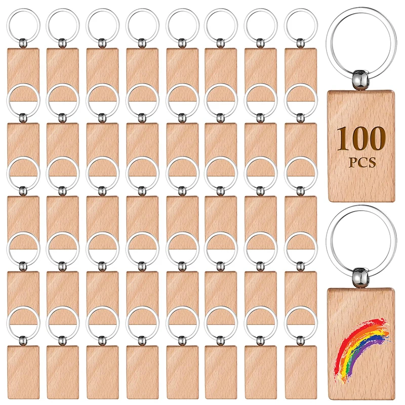 

100Pcs Rectangular Wooden Keychain Blank Unfinished Wood Keychain Key Ring Wood Key Tag Blank Wooden Keychains