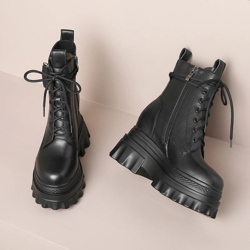 

Fashion Women Boots Genuine Leather Motorcycle Style Flat Heel Ankle Platform Shoes Autumn