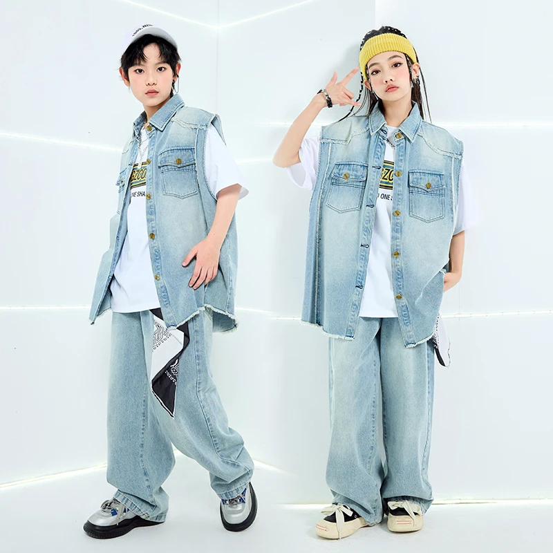 Novos meninos denim colete calças hip hop terno meninas jazz desempenho trajes grupo de salão hip hop dança festival roupas rua wear